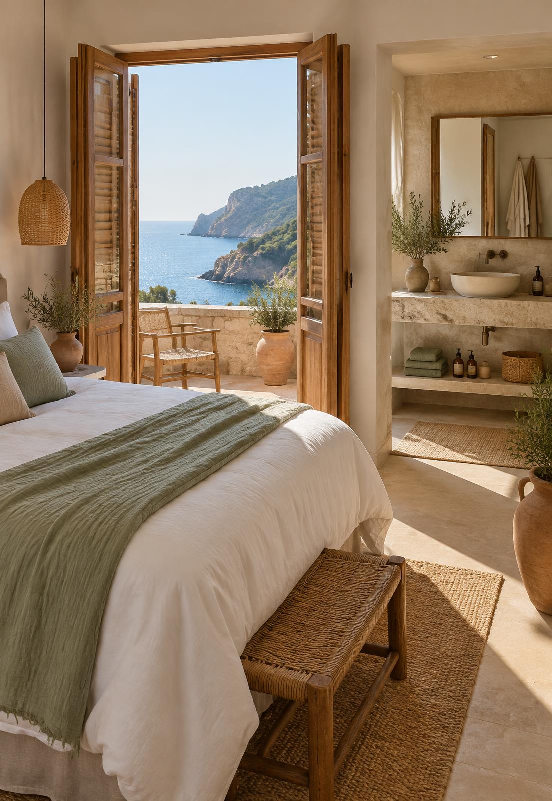 Sunlit coastal rental apartment with linen bedding, wooden shutters open to the sea and refillable amenities on a stone shelf