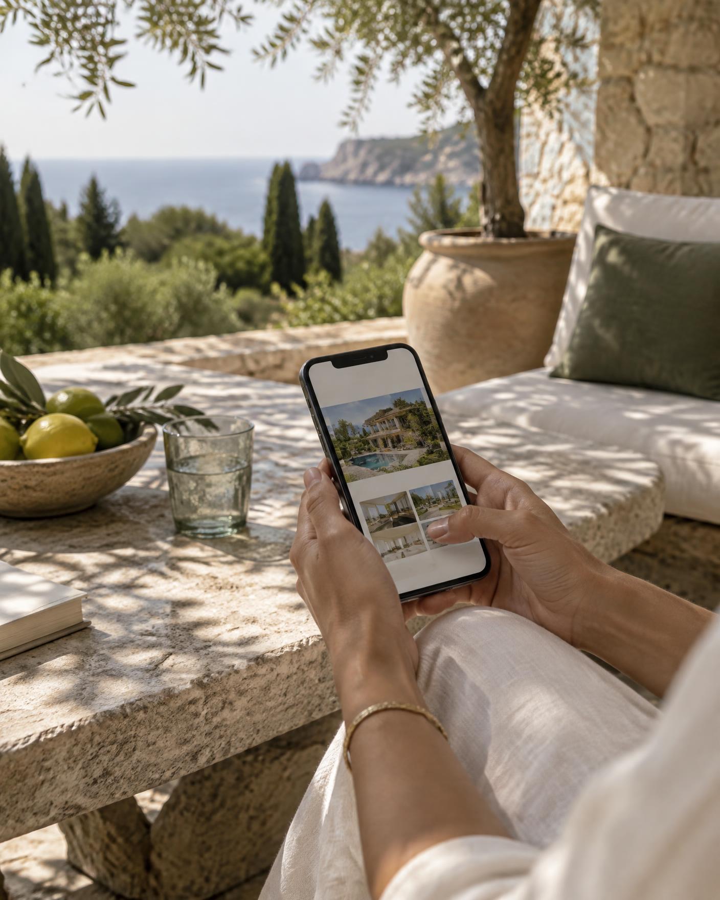 Guest comparing holiday rental listings on a phone from a shaded terrace